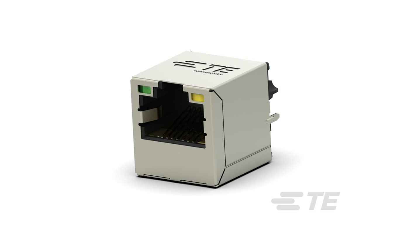 TE Connectivity 2337993 Series Female RJ45 Connector, Through Hole, Cat5, Nickel Plated Brass Shield Vertical 1 x 1