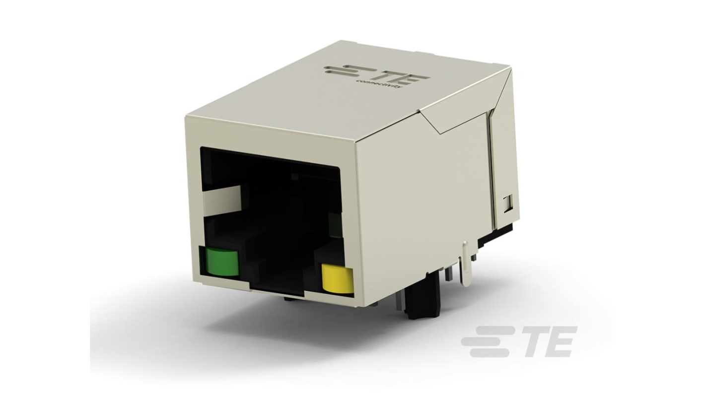 TE Connectivity 2337992 Series Female RJ45 Connector, Through Hole, Cat5e, Nickel Plated Brass Shield Right Angle 1 x 1