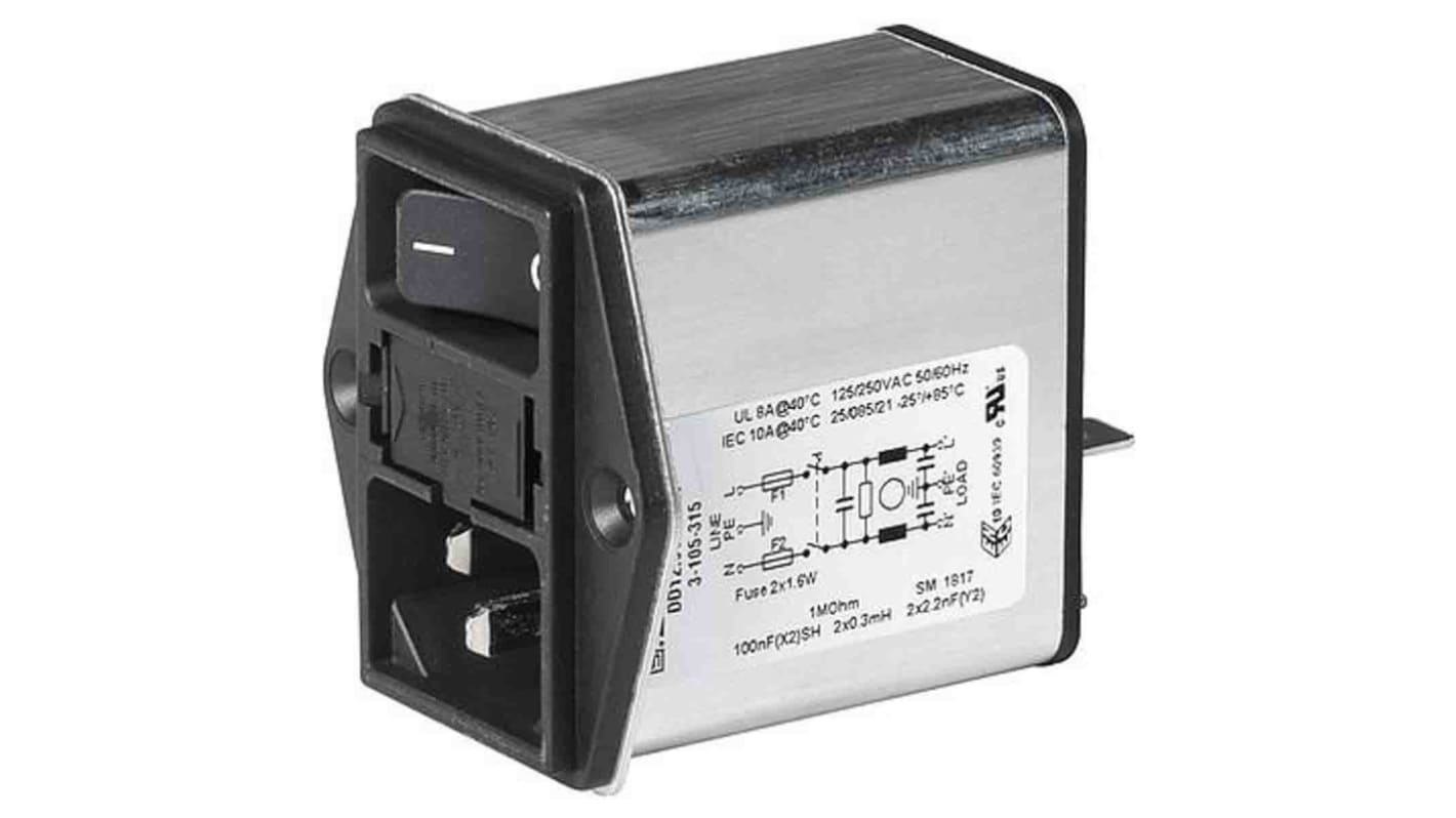 Schurter 10A, 250 V ac Screw Mount Filtered IEC Connector 3-105-315