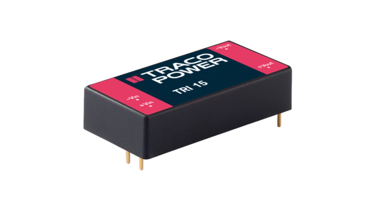 TRACOPOWER TRI 15 DC-DC Converter, 15V dc/ 1A Output, 36 → 75 V dc Input, 15W, Through Hole, +82°C Max Temp