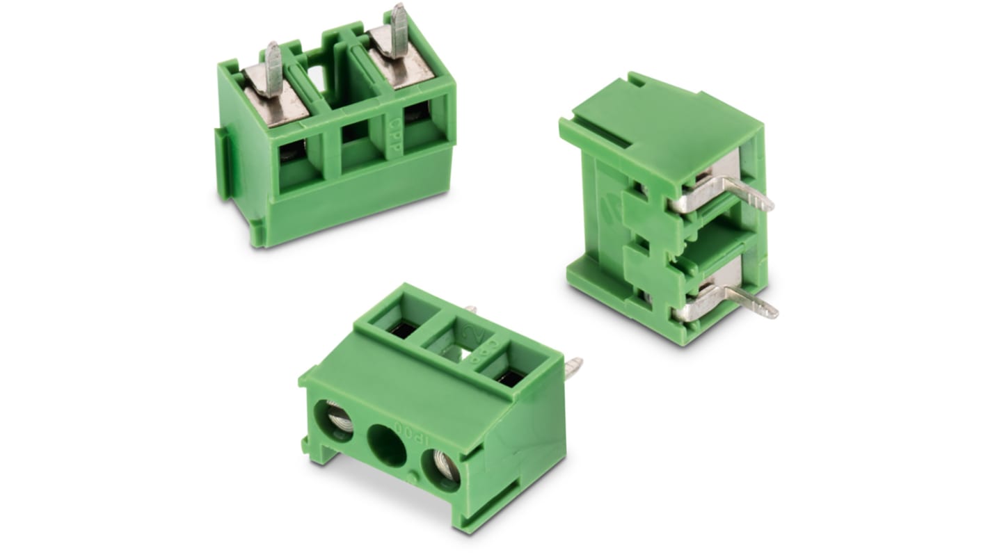 Wurth Elektronik PCB端子排, 10A, 1.6 kV 、 2.5 kV 、 300 V 交流、 450 V 交流, THT安装, 焊接端接, 水平, 绿色, 2142系列
