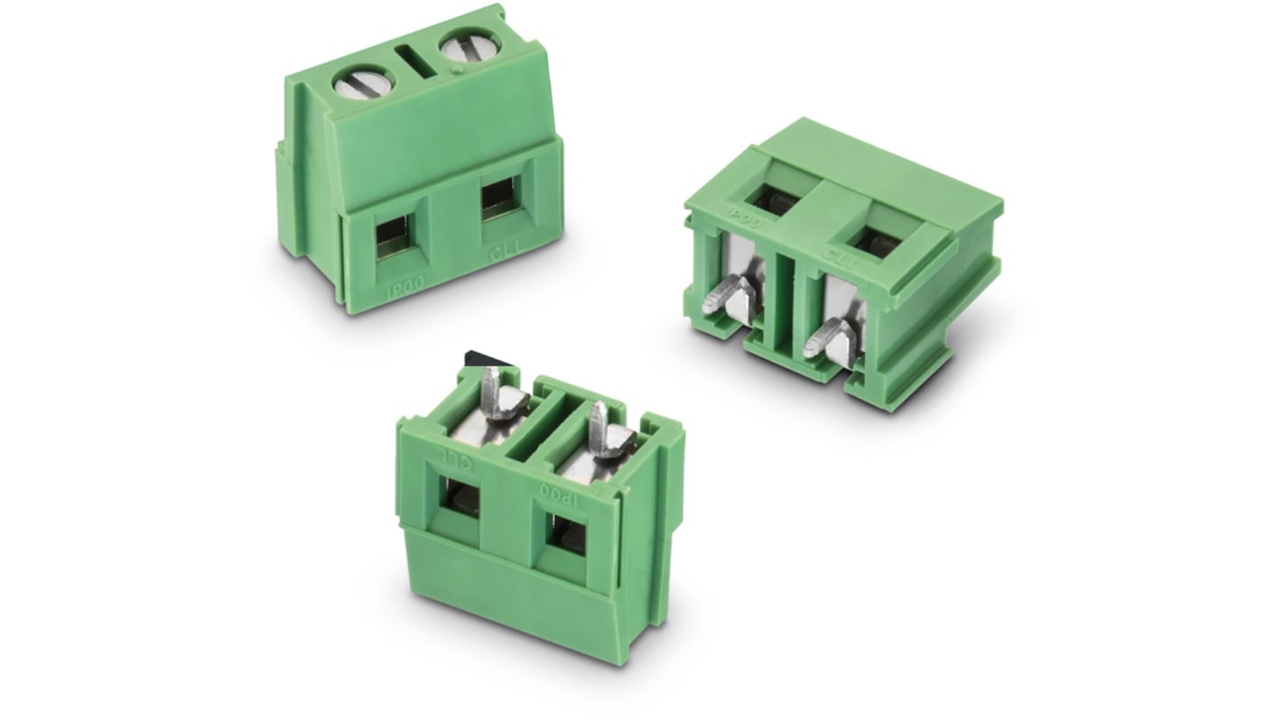 Wurth Elektronik PCB端子排, 2p, 7.62mm间距, 14A, 1.6 kV 交流、 3 kV 交流、 300 V 交流、 750 V 交流, THT安装, 焊接端接, 水平, 绿色, 2164系列