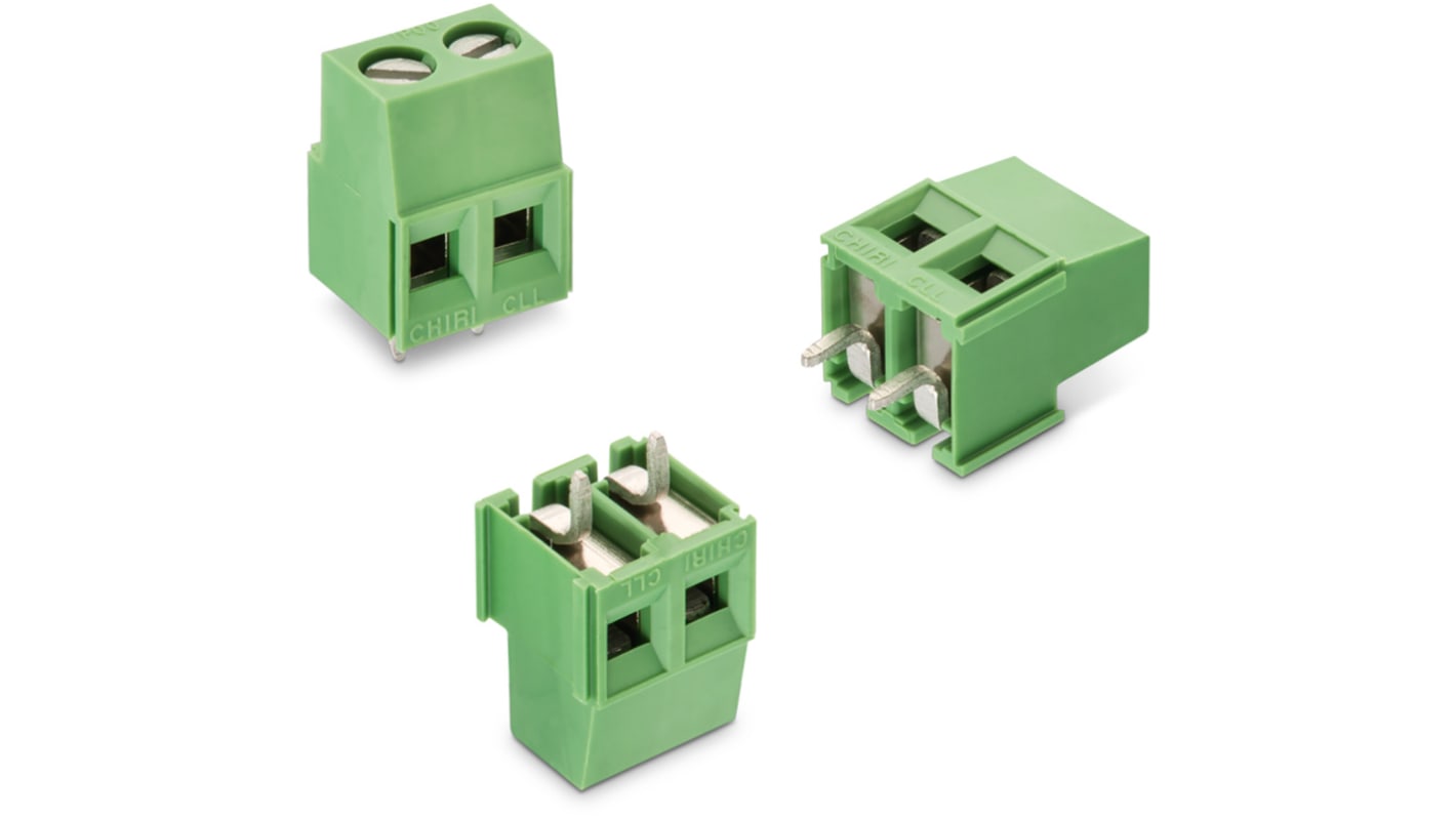 Wurth Elektronik PCB端子排, 3p, 5mm间距, 14A, 1.6 kV 、 2 kV 、 250 V 交流、 300 V 交流, THT安装, 焊接端接, 水平, 绿色, 2167系列