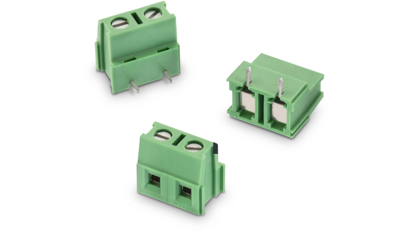 Borne para PCB Wurth Elektronik de 2 vías , paso 7.5mm, 14A, de color Verde, montaje Montaje en orificio pasante,