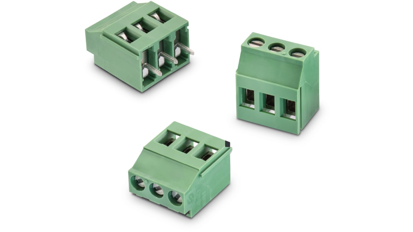 Wurth Elektronik PCB端子排, 3p, 5.08mm间距, 20A, 1.6 kV 交流、 2.5 kV 交流、 300 V 交流、 450 V 交流, THT安装, 焊接端接, 水平, 绿色, 2365系列