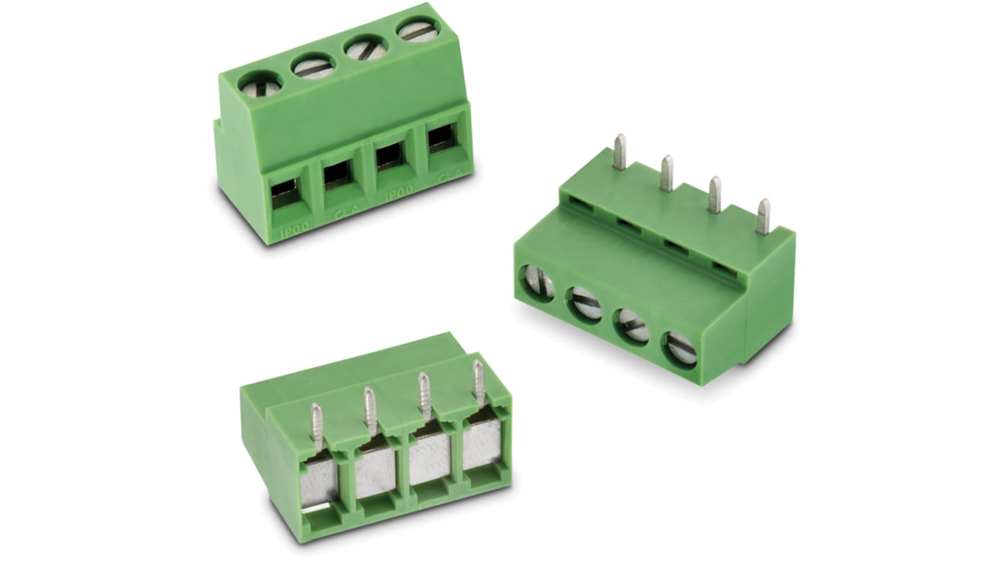 Wurth Elektronik PCB端子排, 4p, 5mm间距, 14A, 1.6 kV 、 2 kV 、 250 V 交流、 300 V 交流, PCB安装, 焊接端接, 水平, 绿色, 2417系列