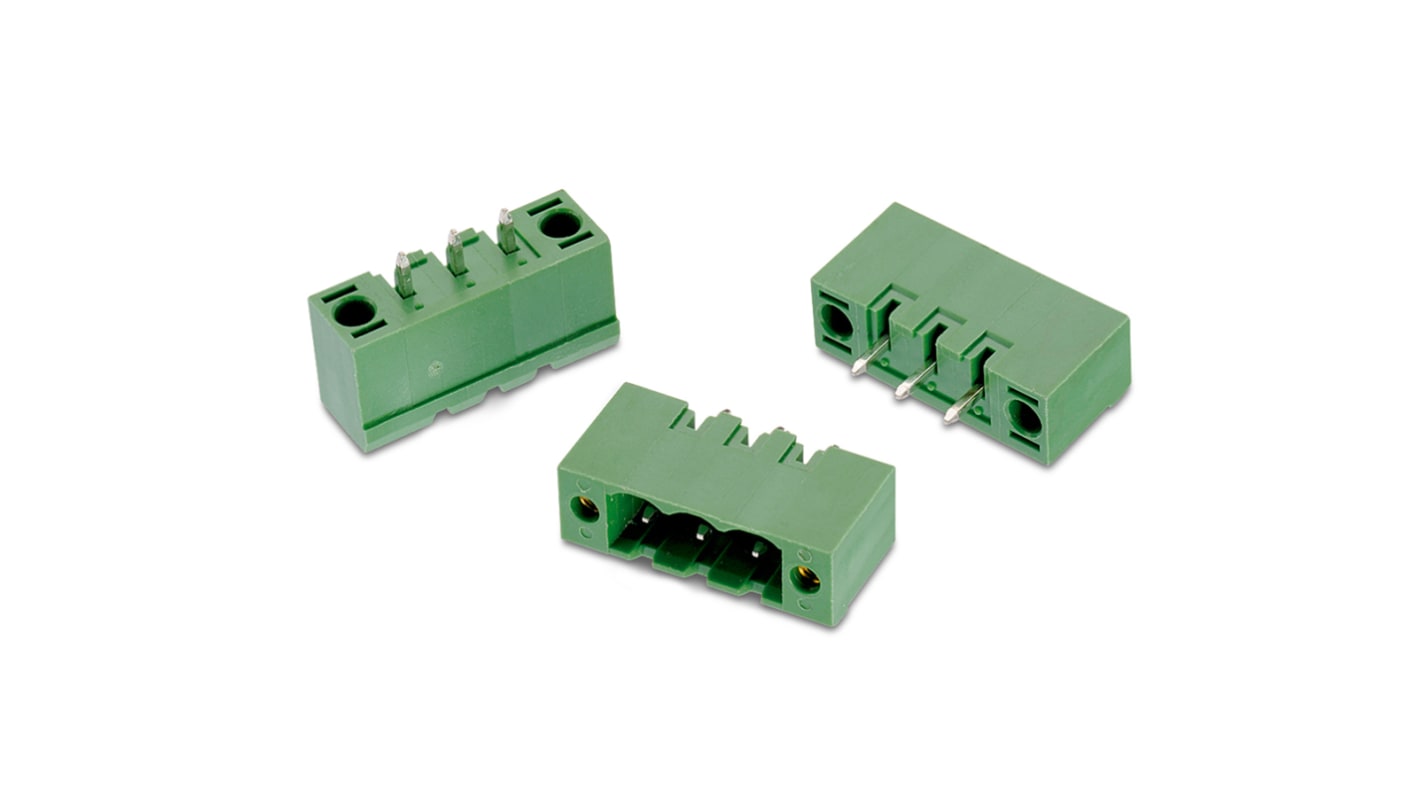 Conector macho para PCB Ángulo recto Wurth Elektronik serie WR-TBL de 5 vías, 1 fila, paso 5.0mm, para soldar, Montaje