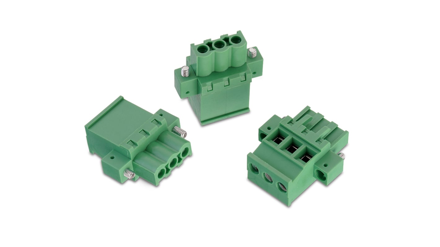 Wurth Elektronik 5p插拔式接线端子 水平插头, 5mm间距, 15A, 1.6 kV, 电缆安装, 焊接端接, 绿色, 3407系列