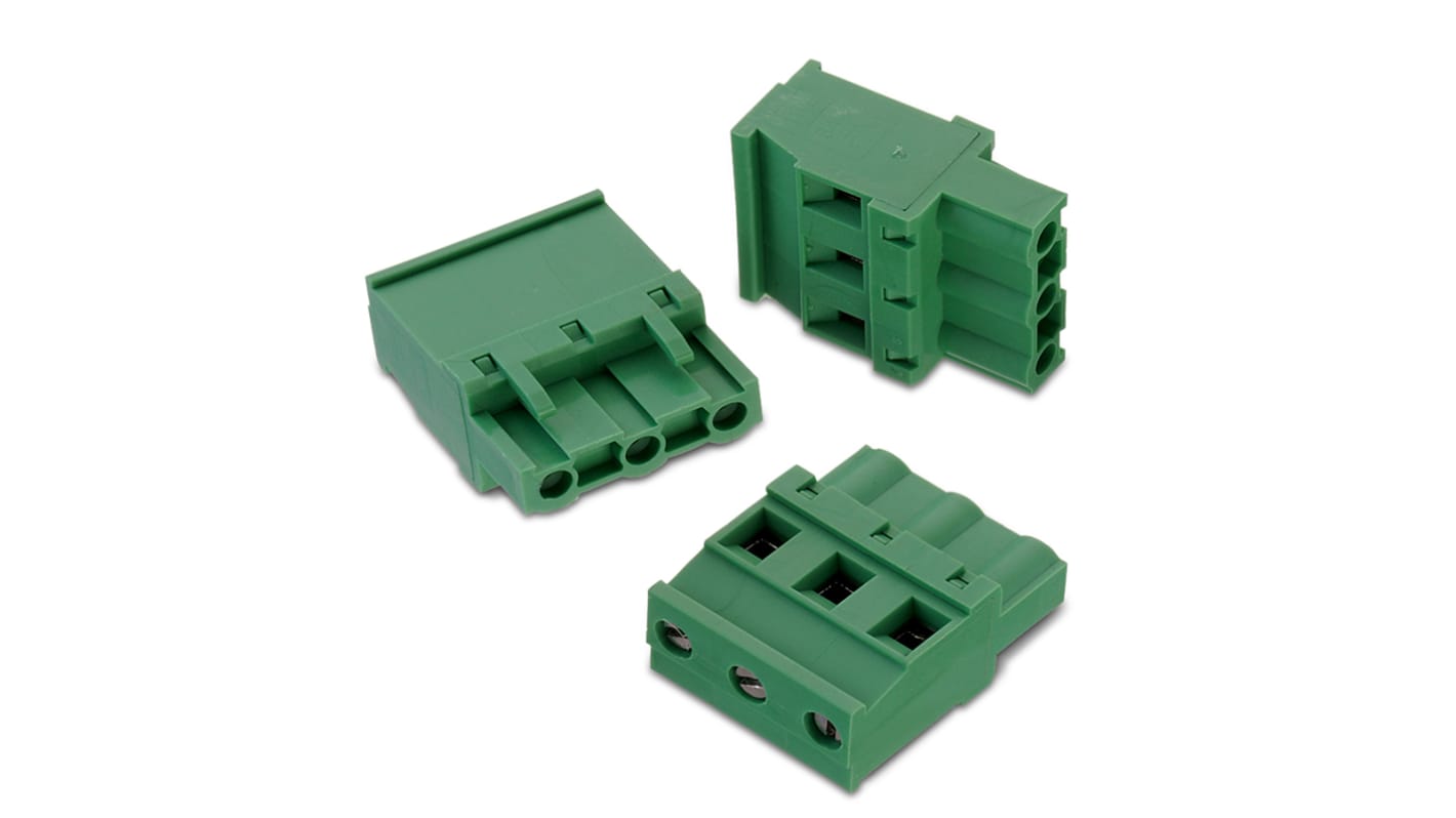 Borne para PCB Wurth Elektronik de 3 vías , paso 7.62mm, 15A, de color Verde, montaje de cable, terminación Soldador