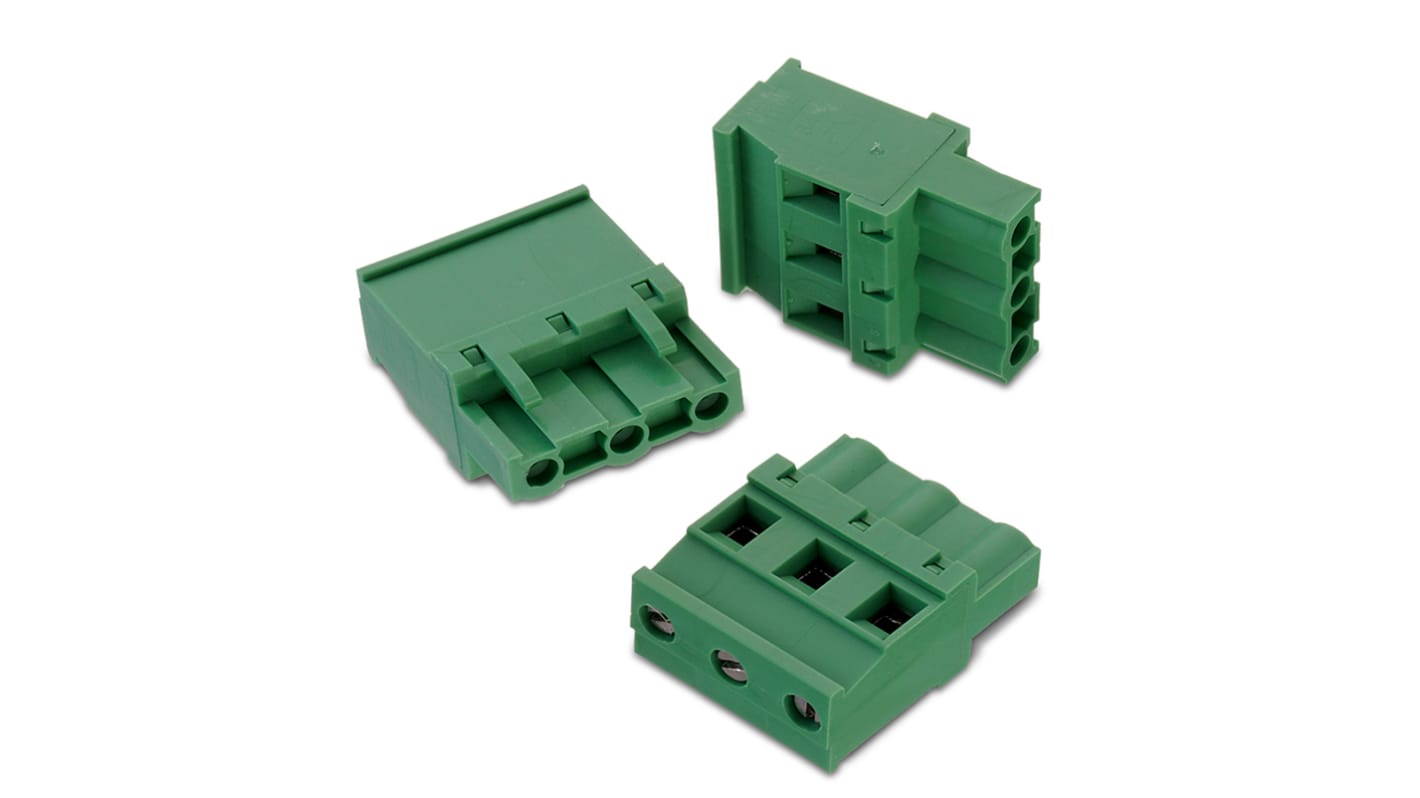 Wurth Elektronik 4p插拔式接线端子 水平插头, 7.62mm间距, 15A, 1.6 kV 、 300 V 交流, 电缆安装, 焊接端接, 绿色, 3444系列