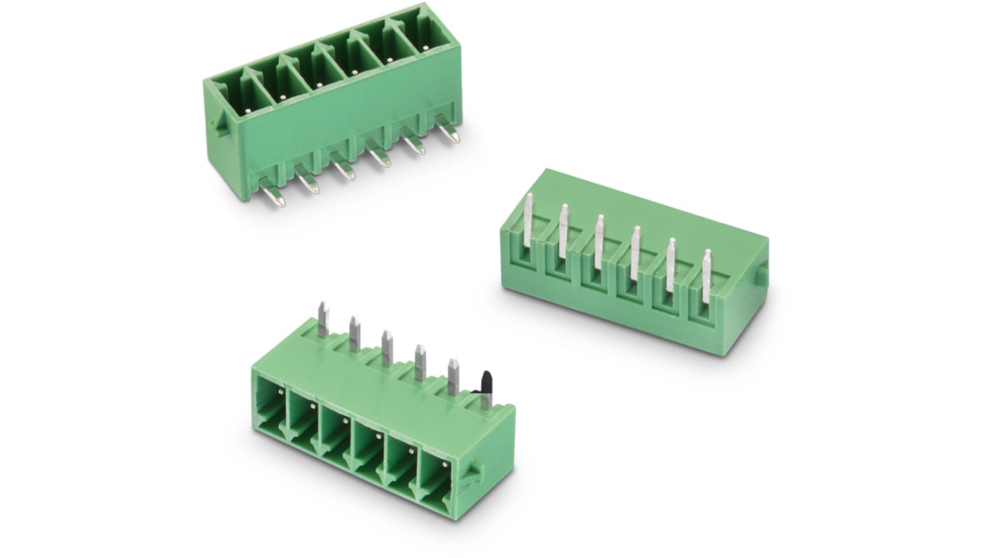 Wurth Elektronik 8p插拔式接线端子 水平排针, 3.5mm间距, 12A, 2.5 kV 交流、 300 V 交流, THT安装, 焊接端接, 绿色, 3051系列