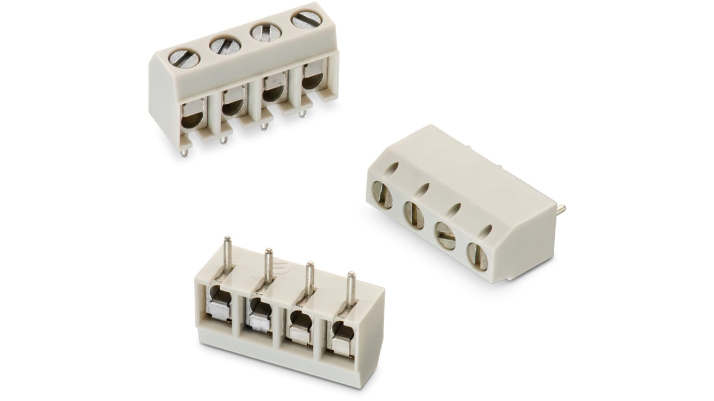 Wurth Elektronik PCB端子排, 4p, 5mm间距, 13.5A, 1.6 kV 、 2 kV 、 250 V 交流、 300 V 交流, THT安装, 焊接端接, 垂直, 灰色, 1357系列