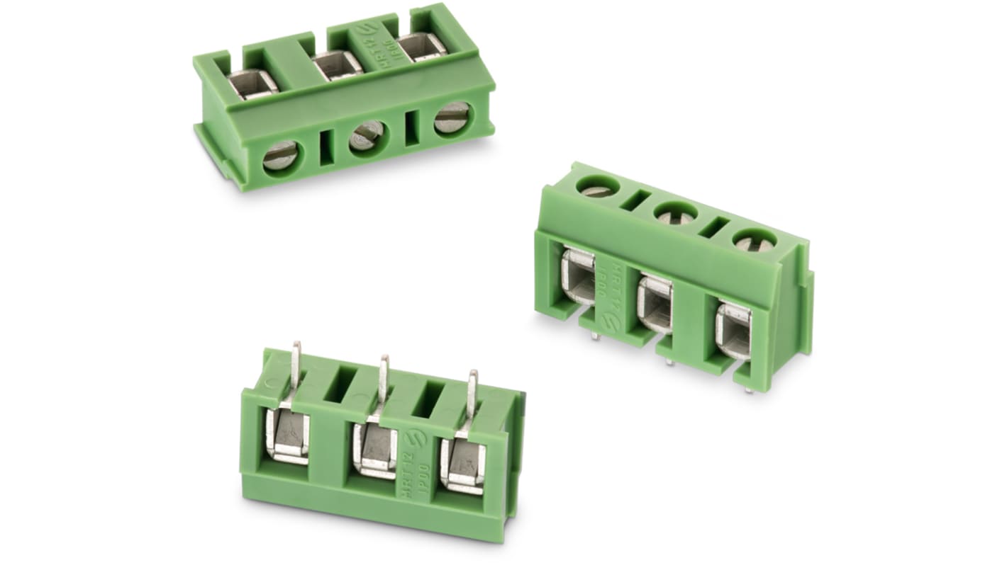 Wurth Elektronik PCB端子排, 2p, 7.5mm间距, 16A, 1.6 kV 、 3 kV 、 300 V 交流、 750 V 交流, THT安装, 焊接端接, 水平, 绿色, 1379系列