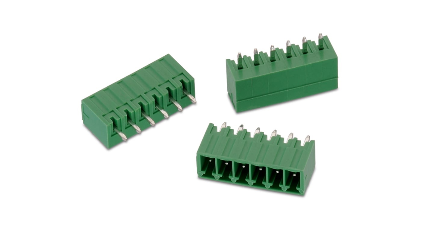 Conector macho para PCB Ángulo recto Wurth Elektronik serie WR-TBL de 7 vías, 1 fila, paso 3.5mm, para soldar, Montaje