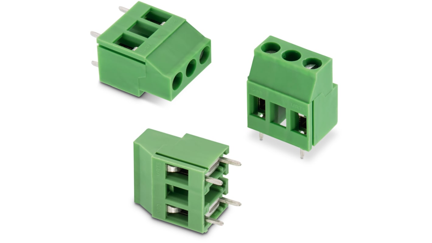 Wurth Elektronik PCB端子排, 16A, 1.6 kV 、 3 kV 、 300 V 交流、 750 V 交流, THT安装, 焊接端接, 水平, 绿色, 2548系列