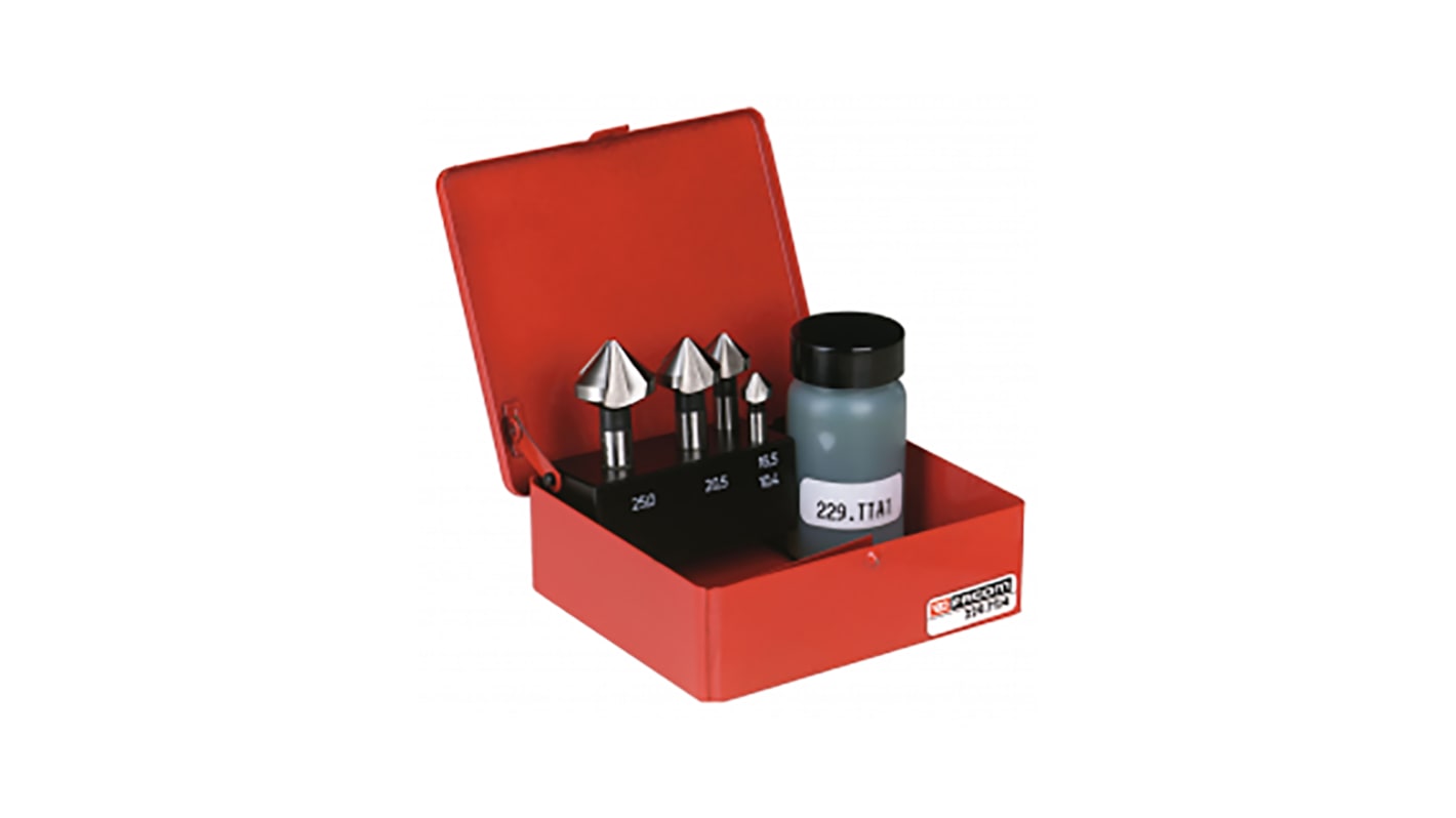 Facom Countersink Drill Bit Set, 10.4 mm, 15.5 mm, 20.5 mm, 25 mm Head, 90°, 4 Piece(s)