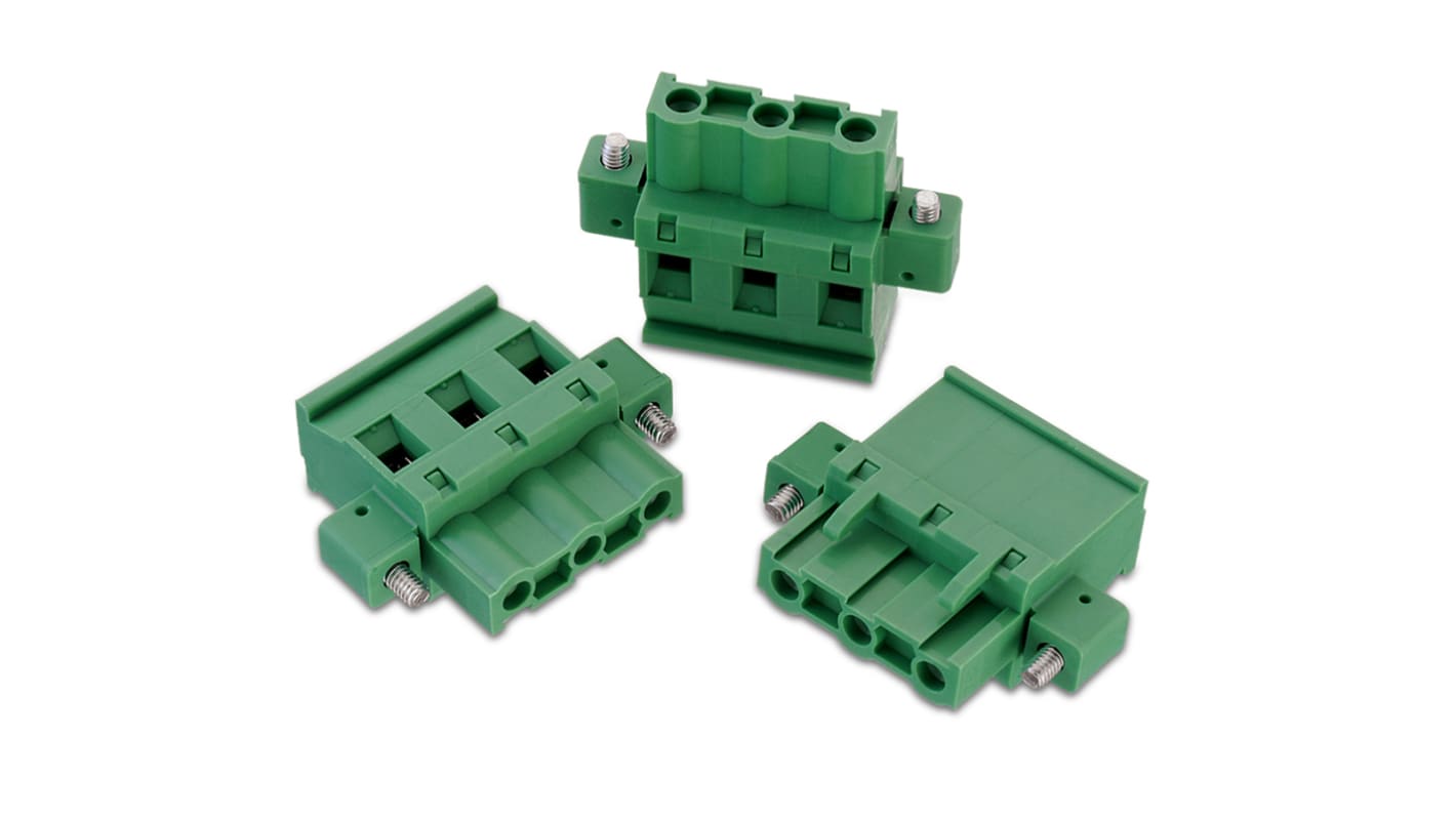 Borne para PCB Wurth Elektronik de 4 vías , paso 7.62mm, 15A, de color Verde, montaje de cable, terminación Soldador