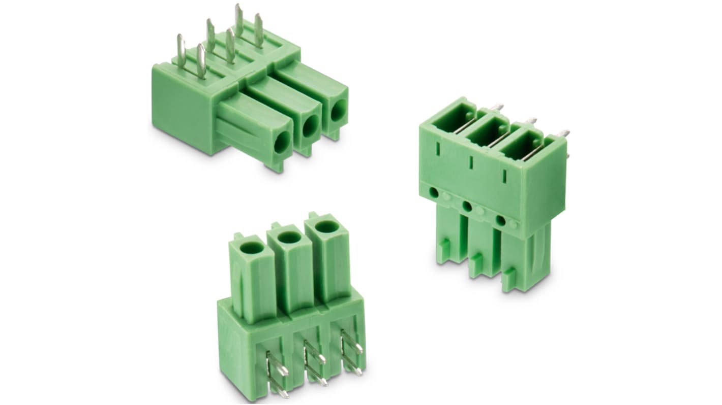 Borne para PCB Wurth Elektronik de 4 vías , paso 3.81mm, 8A, de color Verde, montaje Montaje en orificio pasante,