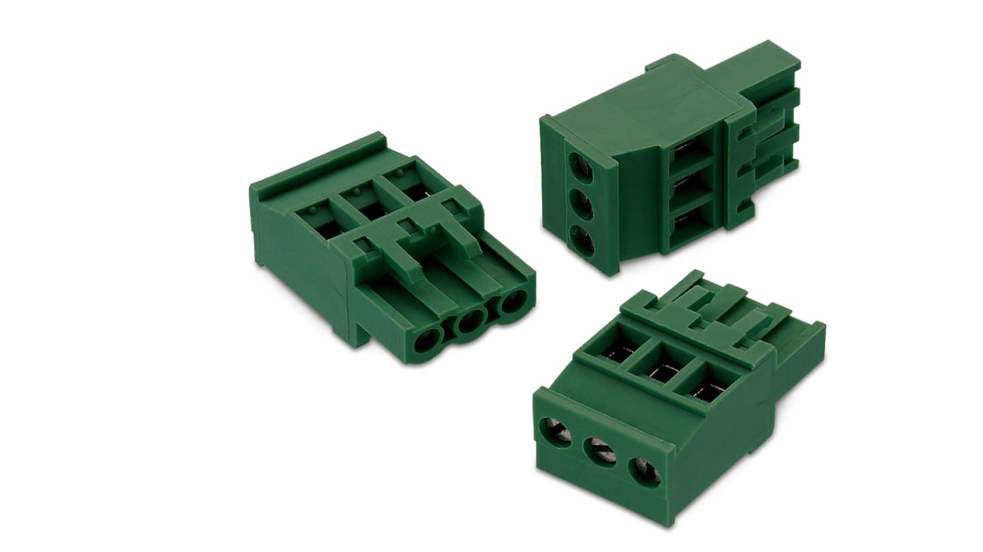 Wurth Elektronik 10p插拔式接线端子 水平插头, 5.08mm间距, 15A, 1.6 kV, 电缆安装, 焊接端接, 绿色, 352系列