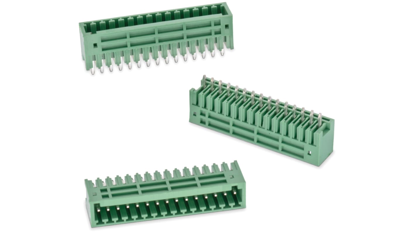Wurth Elektronik 12p插拔式接线端子 垂直排针, 2.5mm间距, 12A, 1 kV 交流、 300 V 交流, PCB安装, 焊接端接, 绿色, 382系列