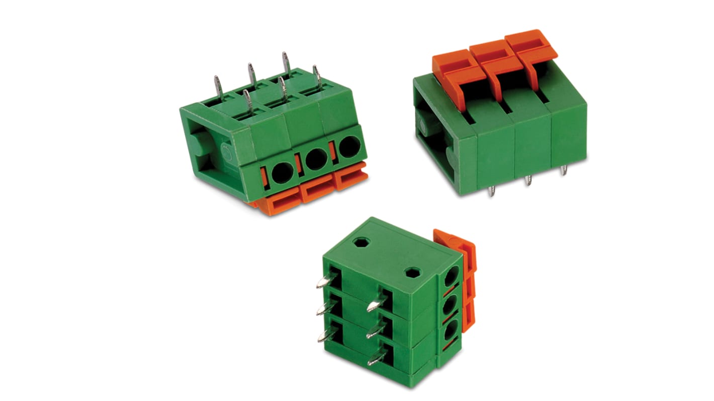 Wurth Elektronik PCB端子排, 6p, 5mm间距, 10A, 2 kV 、 300 V 交流、 450 V 交流, PCB安装, 焊接端接, 水平, 绿色, 401B系列