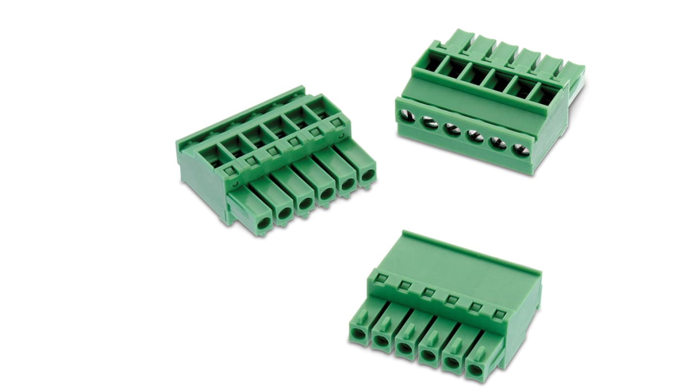Wurth Elektronik 6p插拔式接线端子 水平插头, 3.5mm间距, 10A, 1.6 kV 、 2.5 kV 、 300 V 交流, 电缆安装, 螺钉端接, 绿色, 3661系列