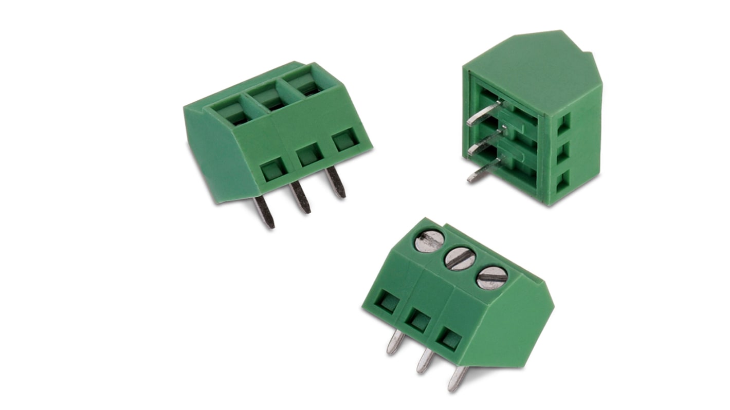 Borne para PCB Wurth Elektronik de 5 vías , paso 3.5mm, 10A, de color Verde, montaje Montaje en orificio pasante,