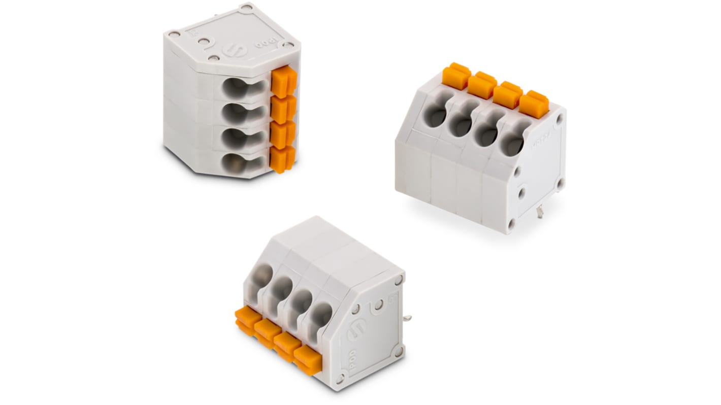 Wurth Elektronik PCB端子排, 6p, 7.62mm间距, 4A, 1.6 kV 、 2.5 kV 、 300 V 交流、 750 V 交流, THT安装, 焊接端接, 45 °, 灰色, 4174系列