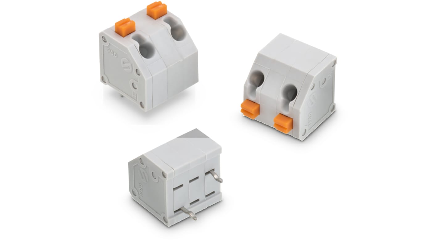 Wurth Elektronik PCB端子排, 3p, 7.62mm间距, 4A, 1.6 kV 交流、 2.5 kV 交流、 300 V 交流、 750 V 交流, THT安装, 焊接端接, 45 °, 灰色, 4124M系列