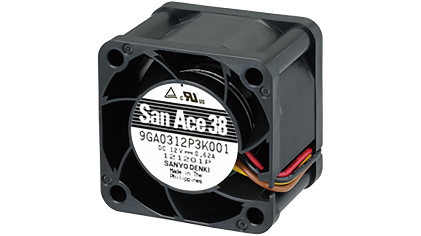 Sanyo Denki 9GA Series Axial Fan, 12 V dc, DC Operation, 34.1m³/h, 6.2W, 520mA Max, 38 x 38 x 28mm