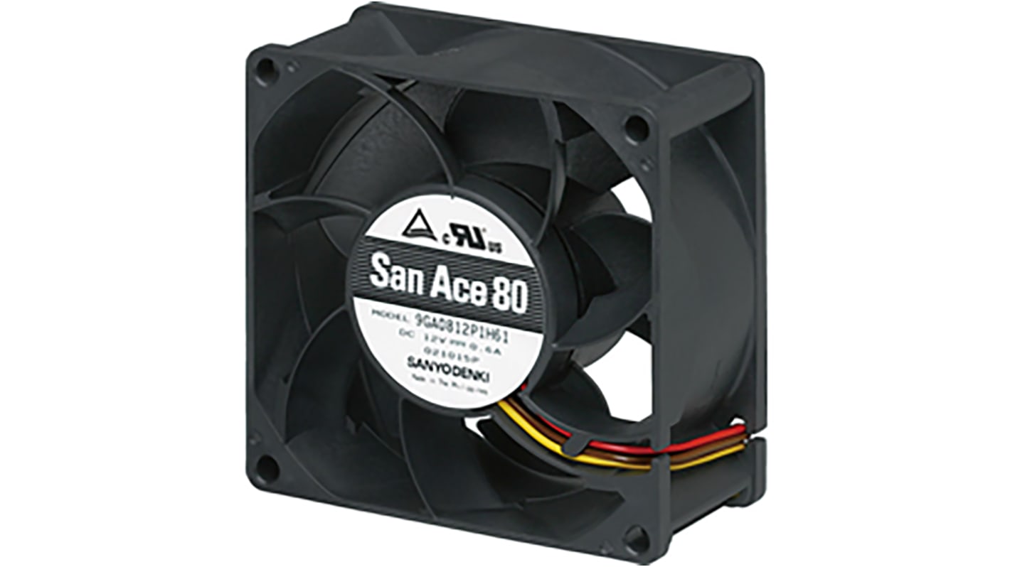 Sanyo Denki 9GA Series Axial Fan, 12 V dc, DC Operation, 134.9m³/h, 7.2W, 600mA Max, 80 x 80 x 38mm