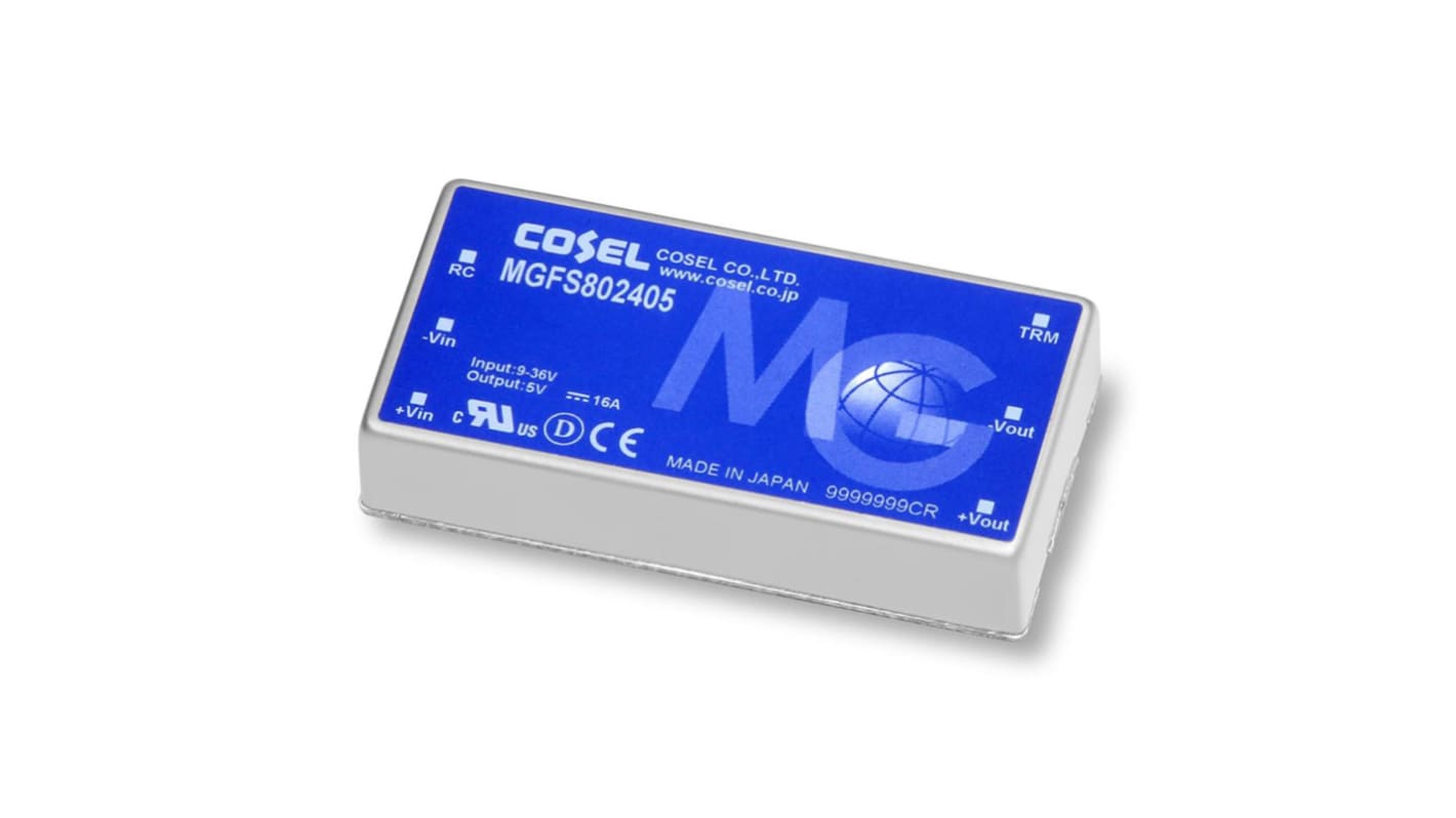 Cosel MGF DC-DC Converter, 5V dc/ 16A Output, 9 → 36 V dc Input, 80W, PCB Mount, +85°C Max Temp -40°C Min Temp