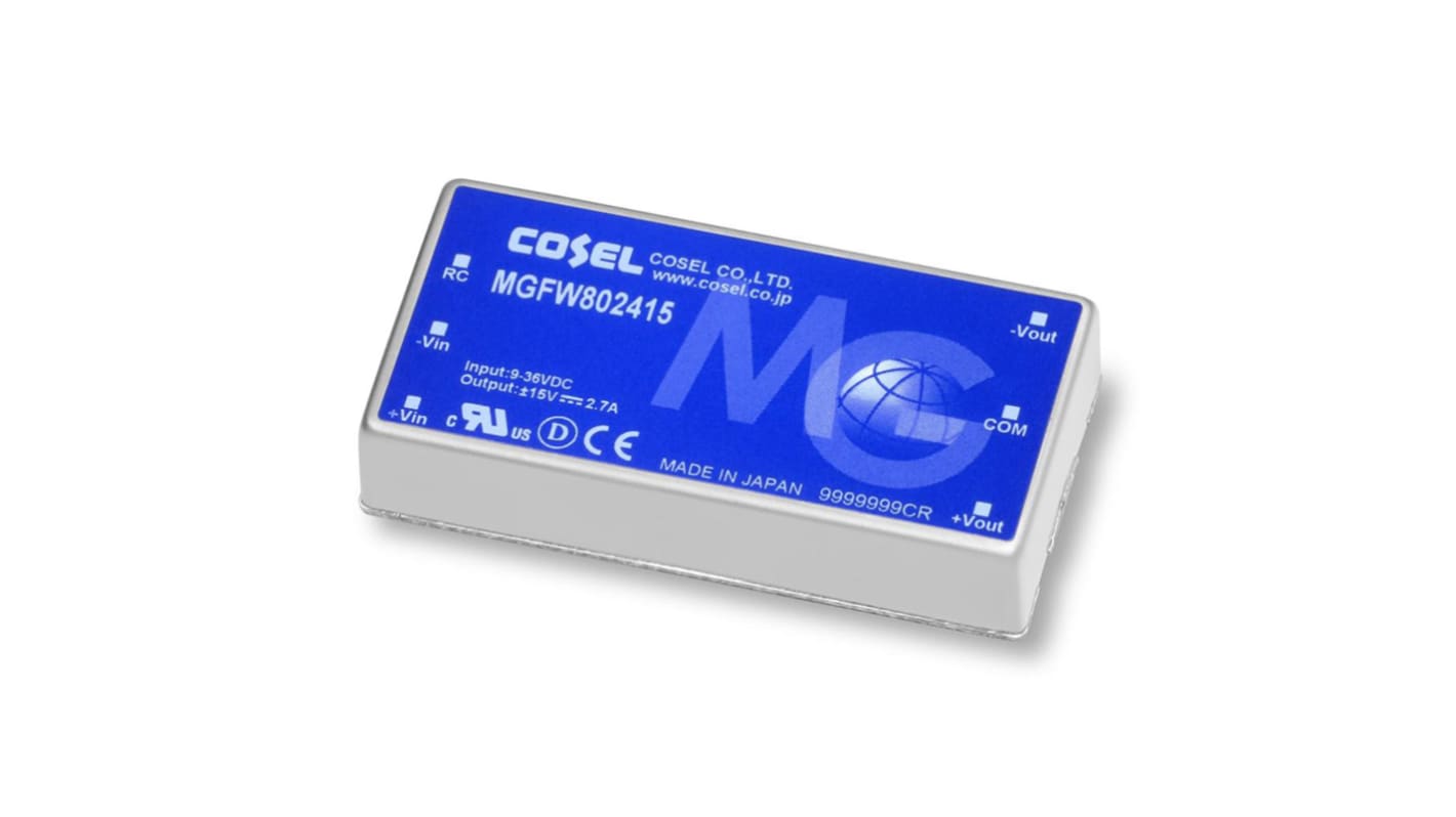 Cosel MGF DC-DC Converter, ±12V dc/ 3.4A Output, 9 → 36 V dc Input, 81.6W, PCB Mount, +85°C Max Temp -40°C Min