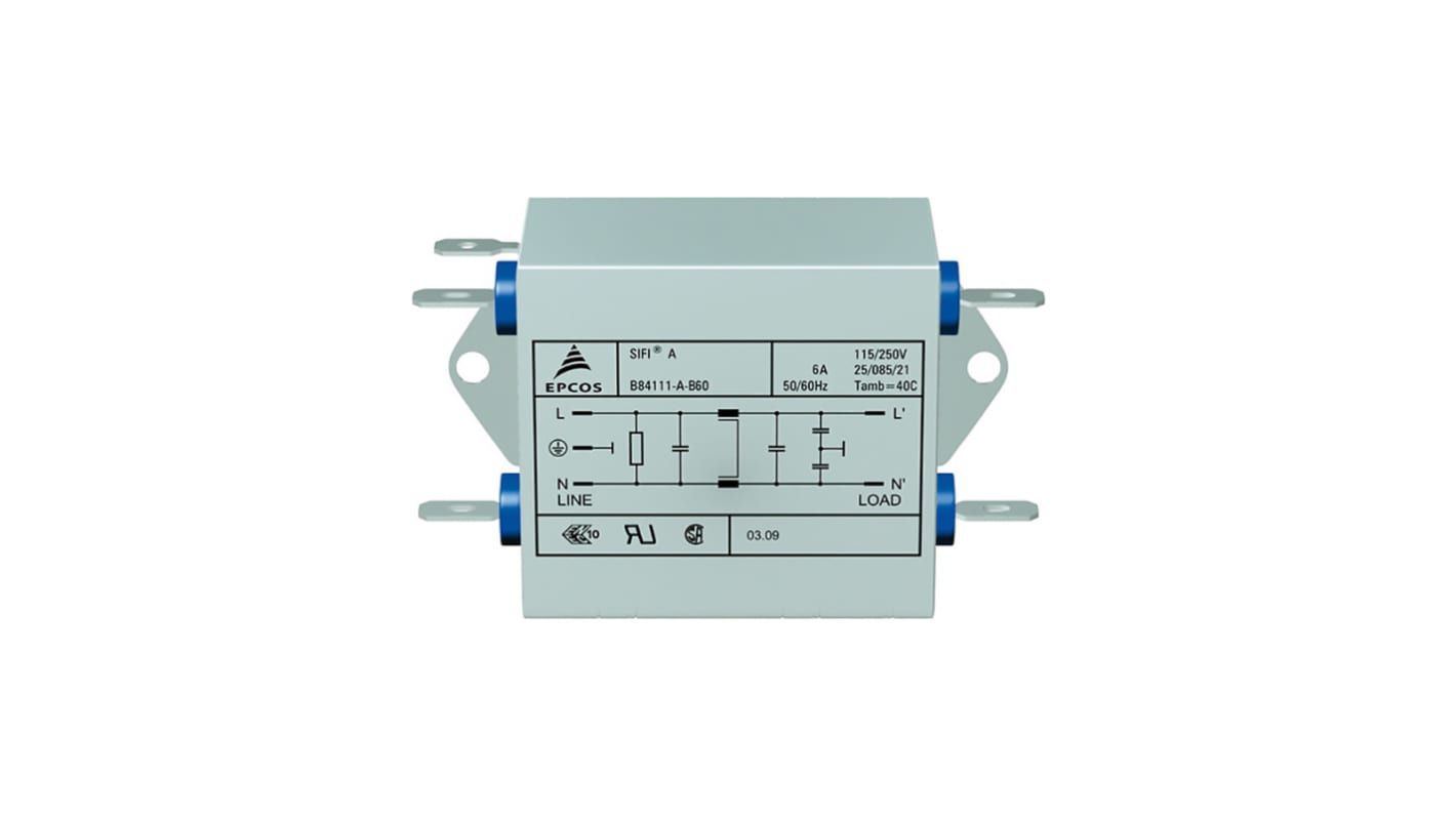 Filtro EMC EPCOS 2 x 0.1 μF, 2 x 4700pF, 10A, 250 V ac/dc, 50/60Hz 2 x 0,82 mH, con terminales Pestaña 0,369 mA, Serie