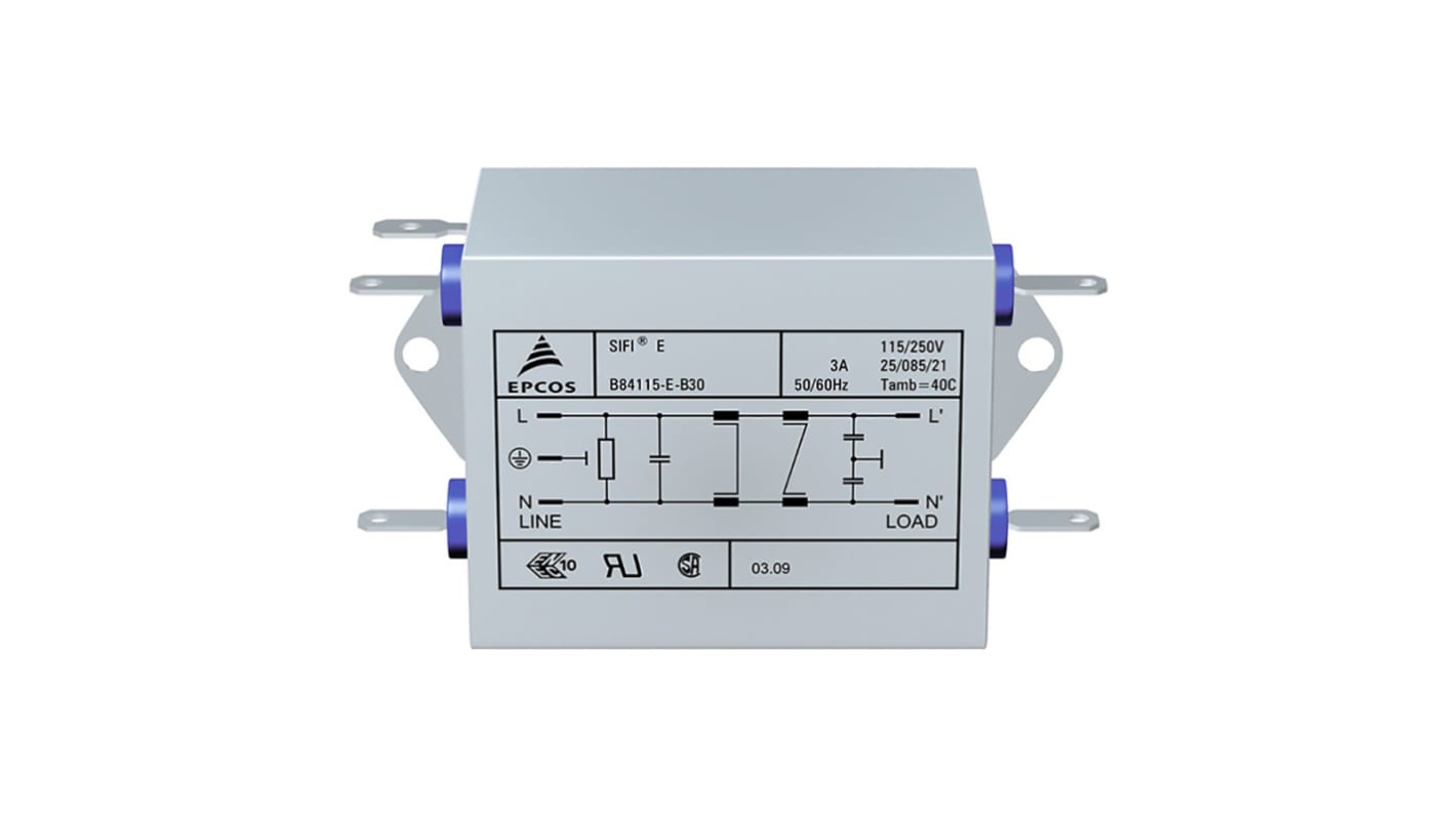 EPCOS, B84115E 3A 250 V ac/dc 50/60Hz EMC Filter, Tab, Single Phase