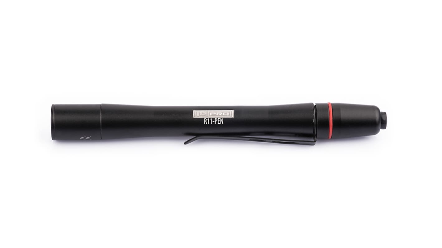 RS PRO Stift-Taschenlampe LED Schwarz im Alu-Gehäuse , 100 lm, 145 mm