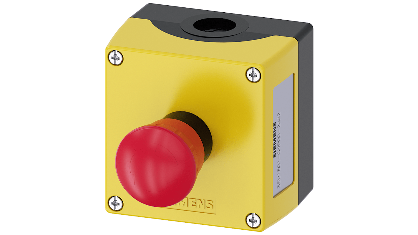 Siemens SIRIUS ACT 3SU18 Series Twist Release Emergency Stop Push Button, Surface Mount, 22mm Cutout, 1 NO + 1 NC,