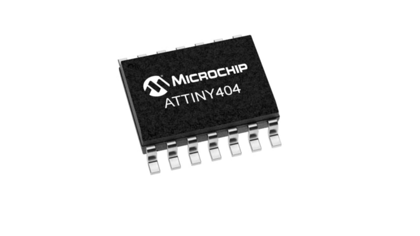 Microcontrolador Microchip ATTINY404-SSN, núcleo AVR de 8bit, RAM 256 B, 20MHZ, SOIC de 14 pines