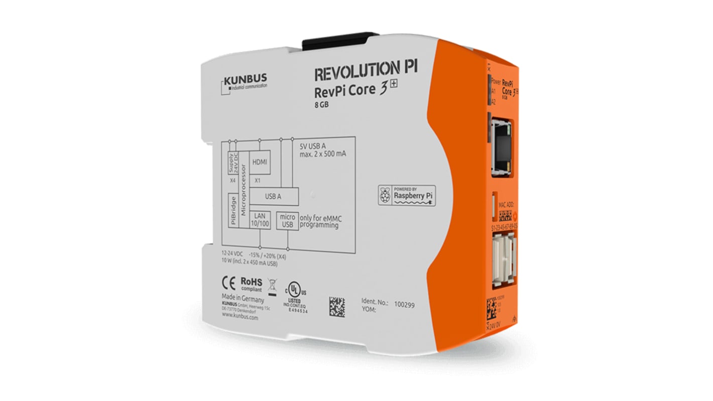 Kunbus RevPi Core 3+, Industrial Computer, 10W, 1.2 GHz Quad-Core, BCM2837 1.2 GHz, 1 GB (RAM), 8 GB (Flash), 4 Linux