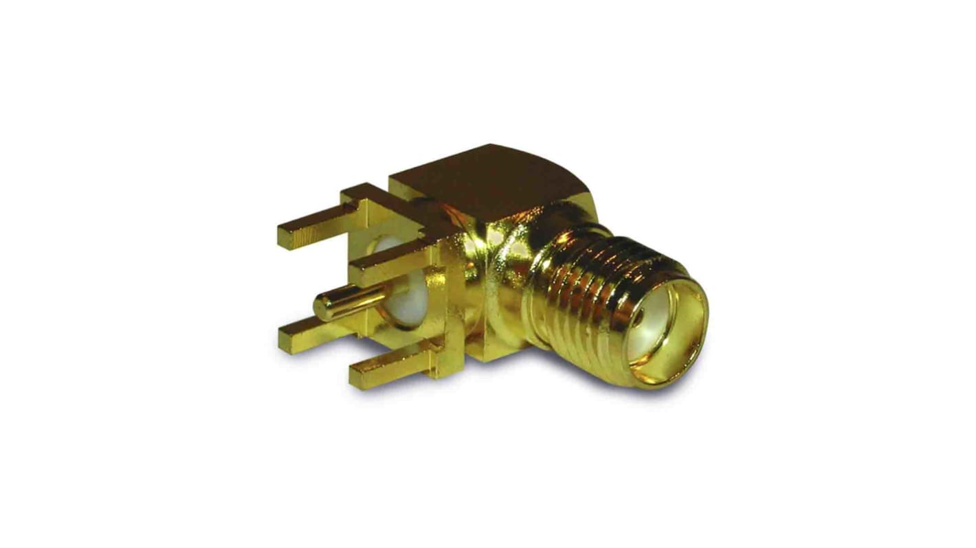 Amphenol RF SMA Series, Jack Through Hole SMA Connector, 50Ω, Solder Termination, Right Angle Body