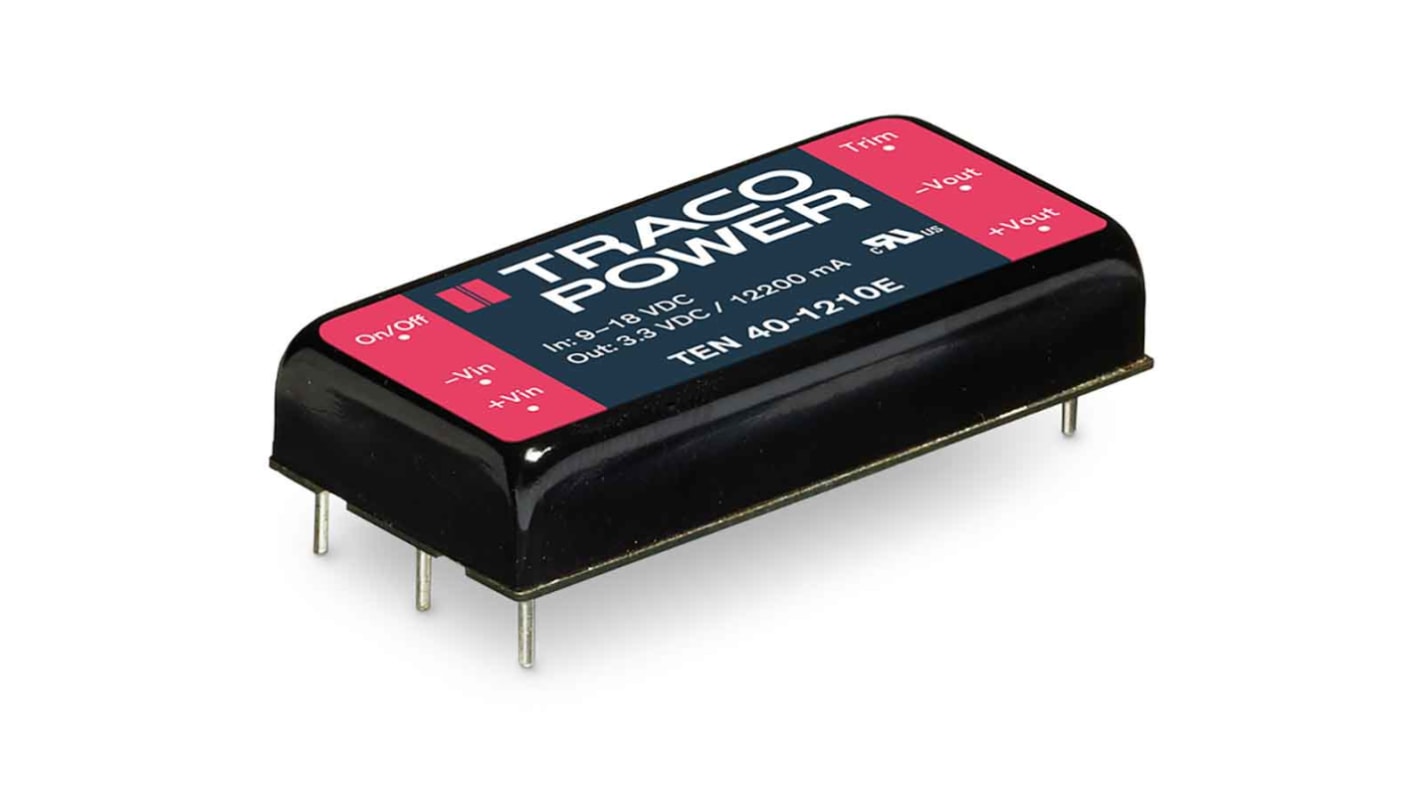 TRACOPOWER TEN 40E DC-DC Converter, 3.3V dc/ 12.2A Output, 18 → 36 V dc Input, 40W, Through Hole, +85°C Max Temp