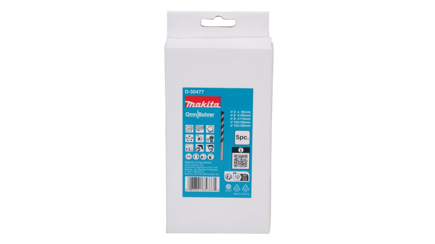 Makita 5-Piece Twist Drill Bit Set for Multi-Material, 12mm Max, 5mm Min, Tungsten Carbide Tipped Bits