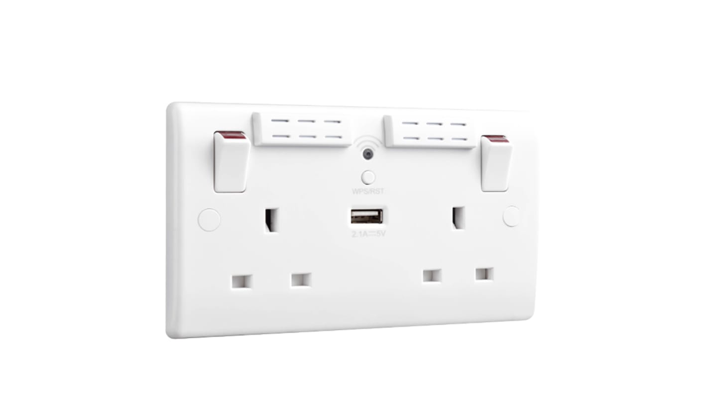 Sync Energy White 2 Gang Power Socket, 1 Pole Poles, 13A, Type G - British, USB