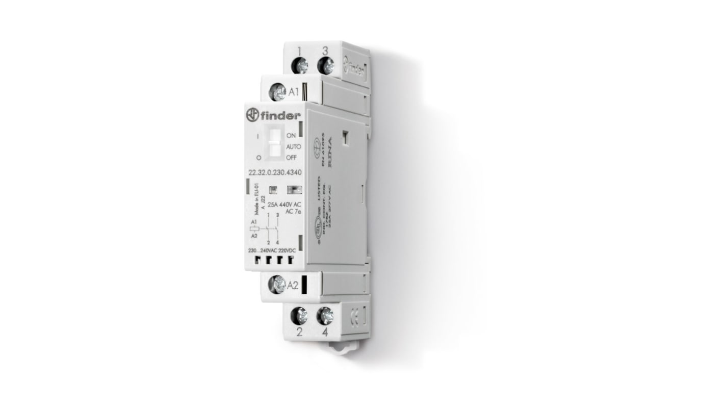Finder 接触器, 2.2 W, 线圈230 V 交流/直流, 触点25 A, 250/440 v 交流, 2P, 2NO, 22系列