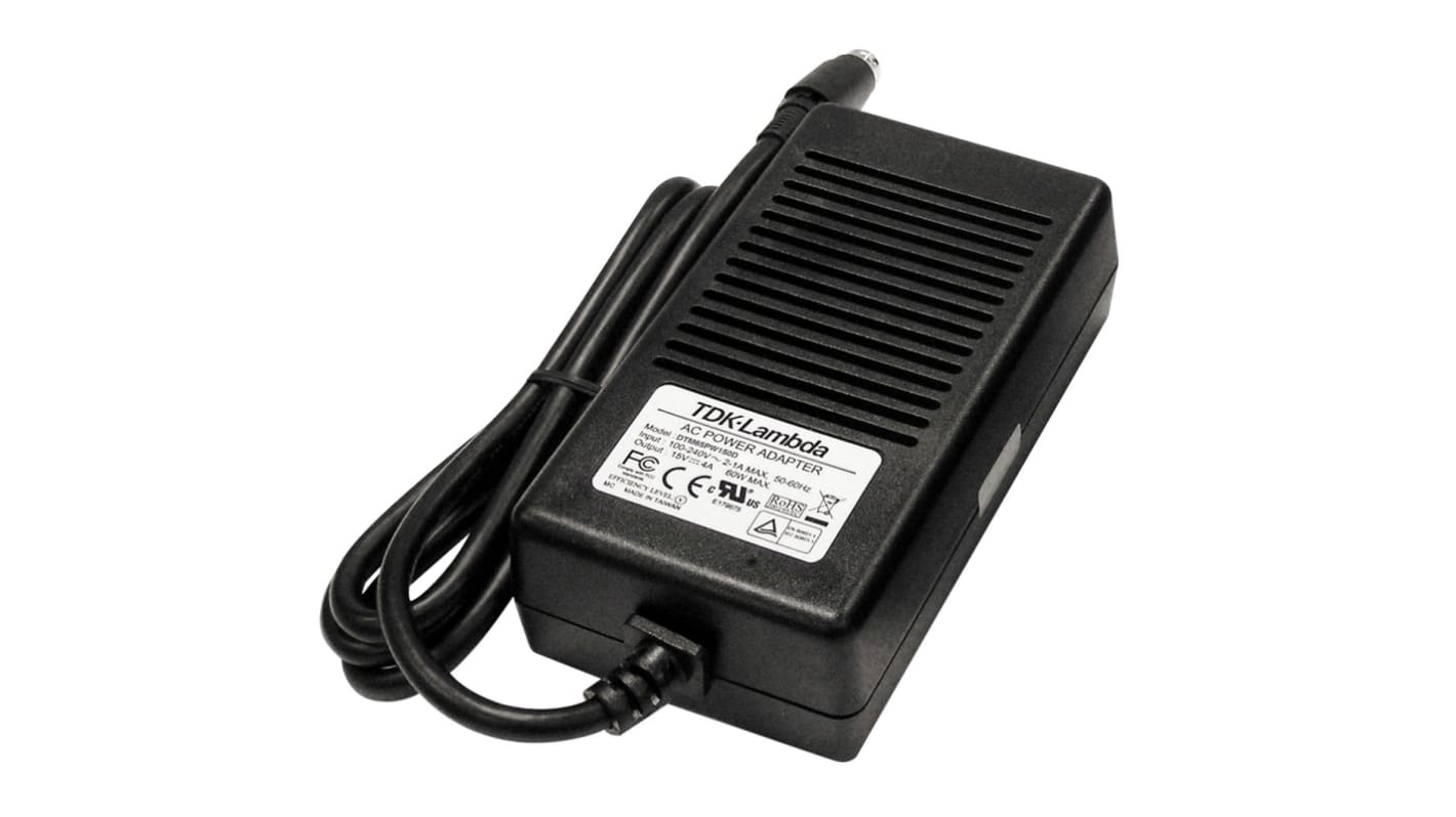 TDK-Lambda 65W Power Brick AC/DC Adapter 15V dc Output, 4A Output