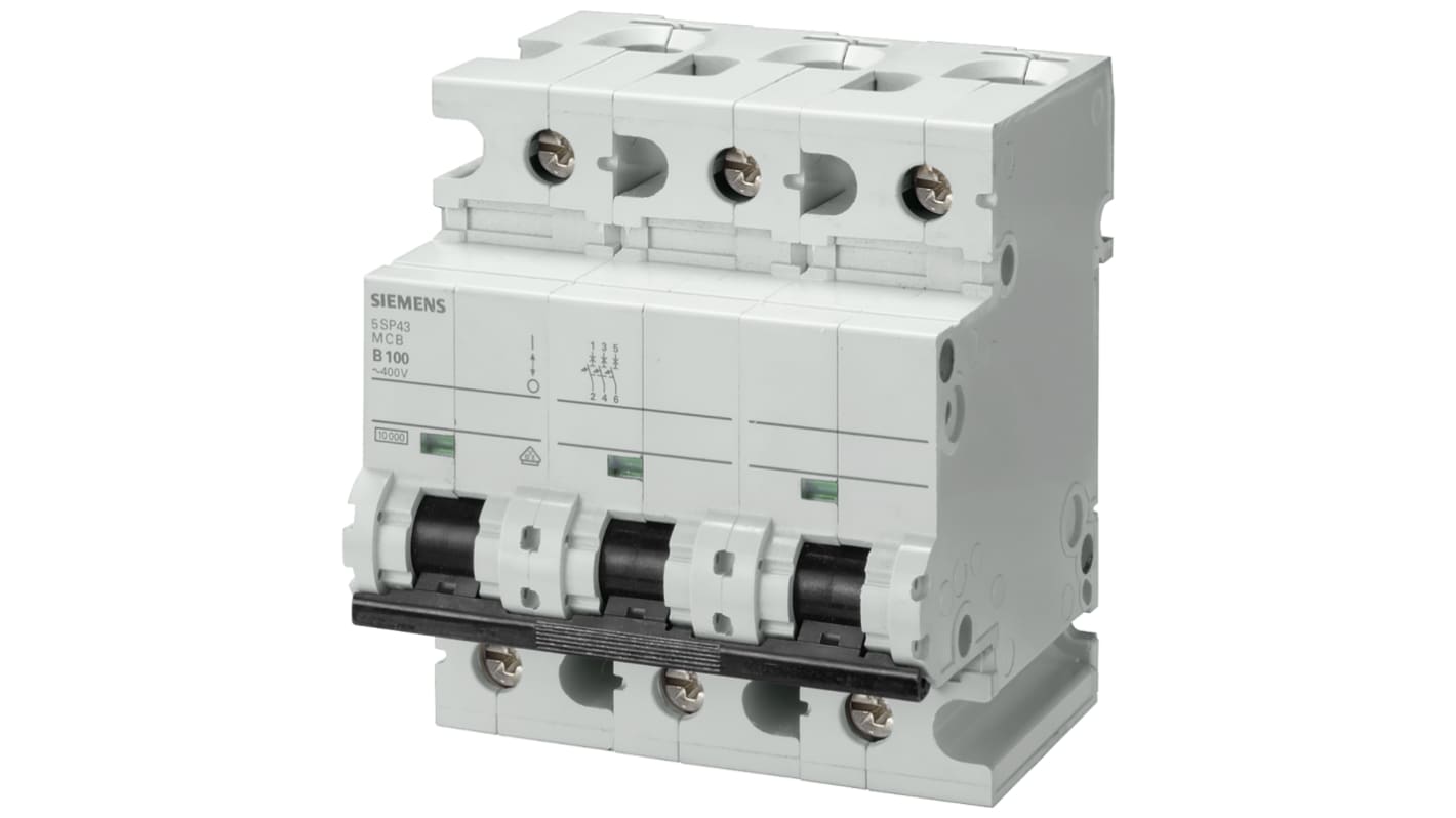 Siemens Sentron 5SP4 MCB, 3P, 100A Curve C, 400V AC, 10 kA Breaking Capacity