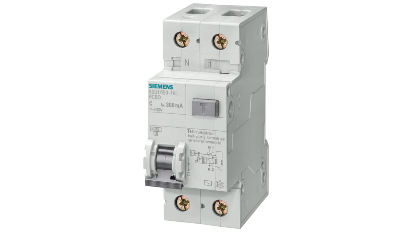 Siemens RCBO Sentron 5SU1 FI/LS-Schalter 10A, 2-polig Typ AC, DIN-Schienen-Montage