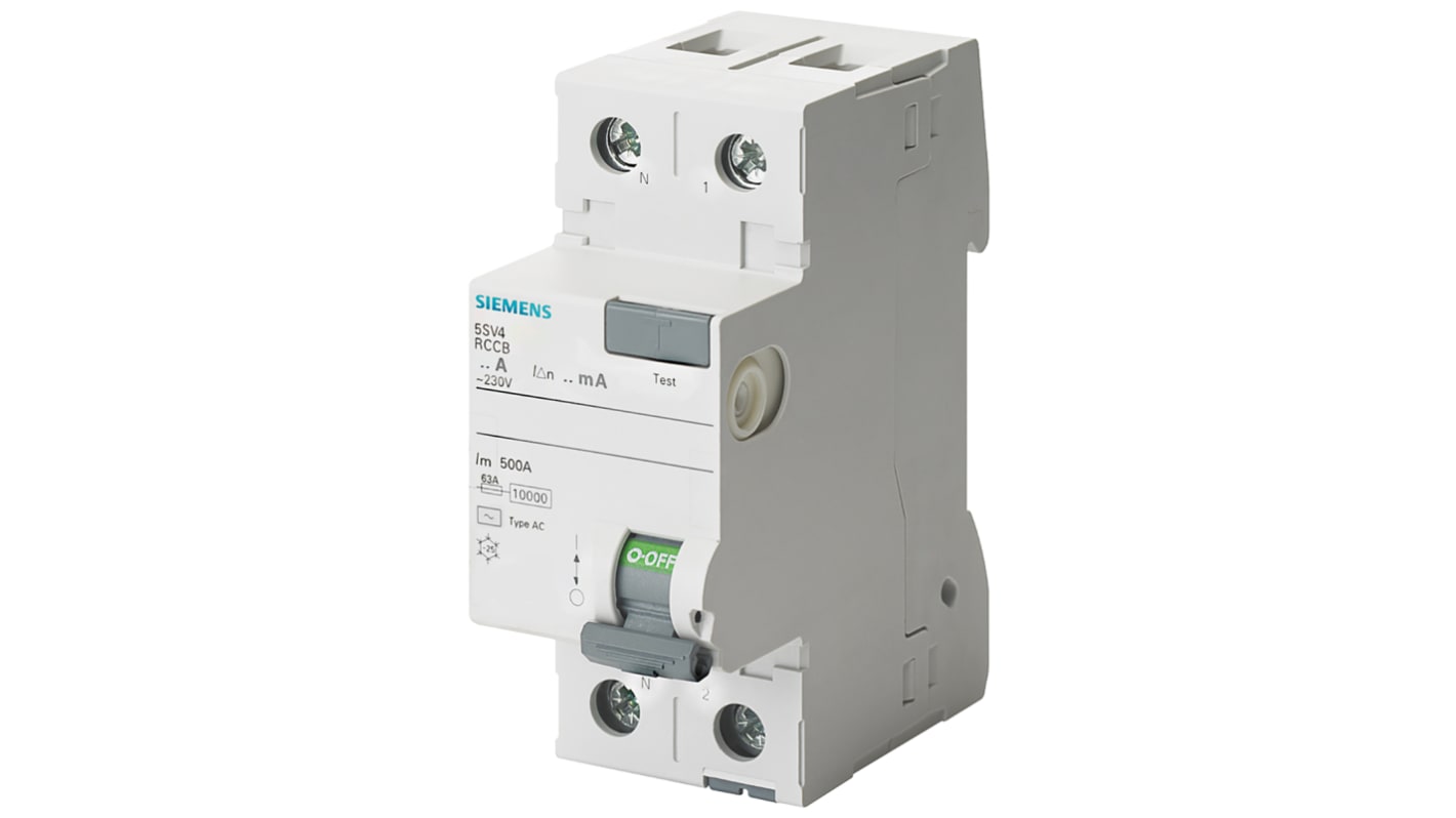 Siemens RCBO, 25A Current Rating, 2P Poles, 30mA Trip Sensitivity, Type AC, Sentron Range