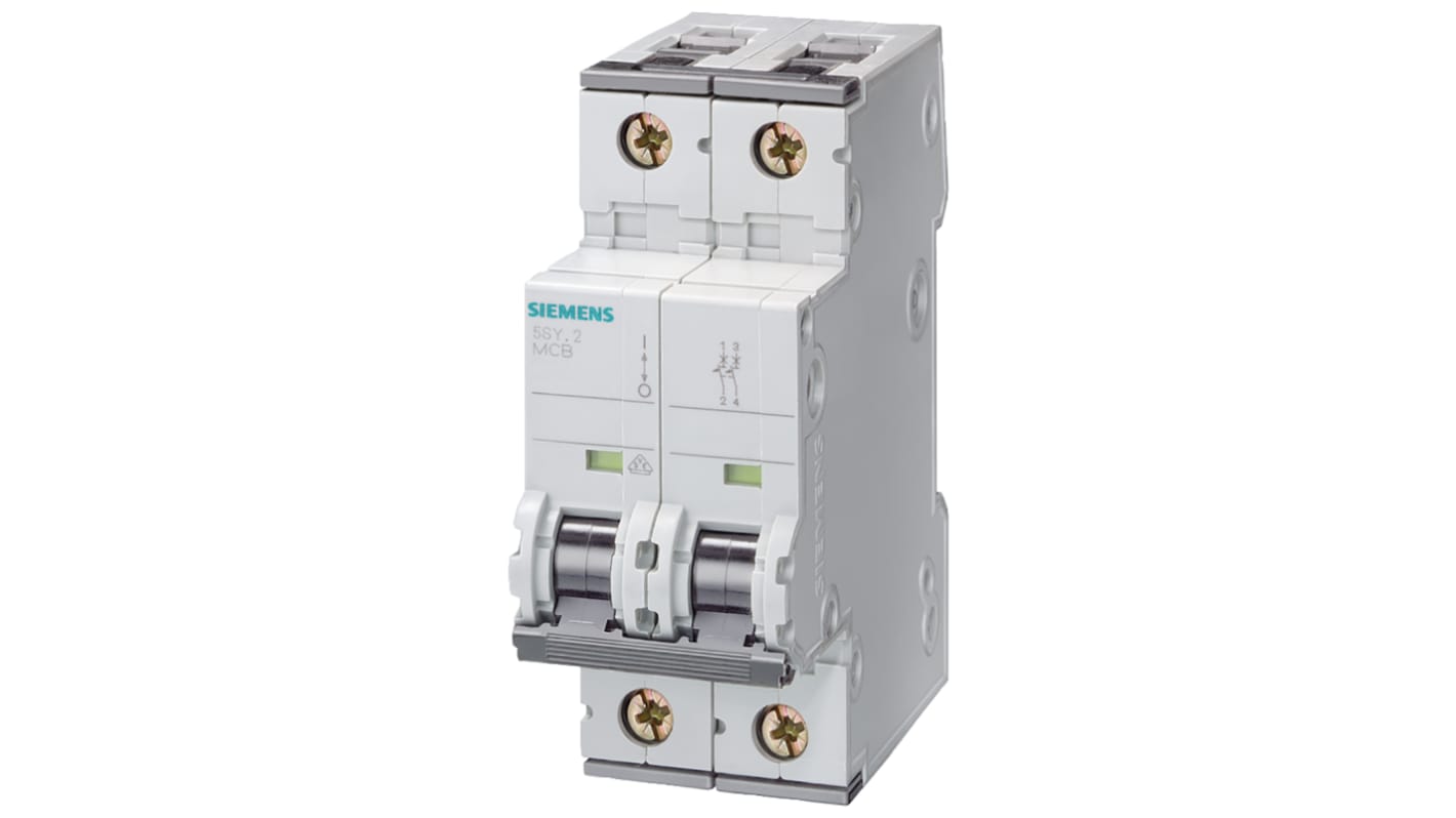 Siemens Sentron 5SY6 MCB, 2P, 2A Curve C, 400V AC, 72V DC, 6 kA Breaking Capacity