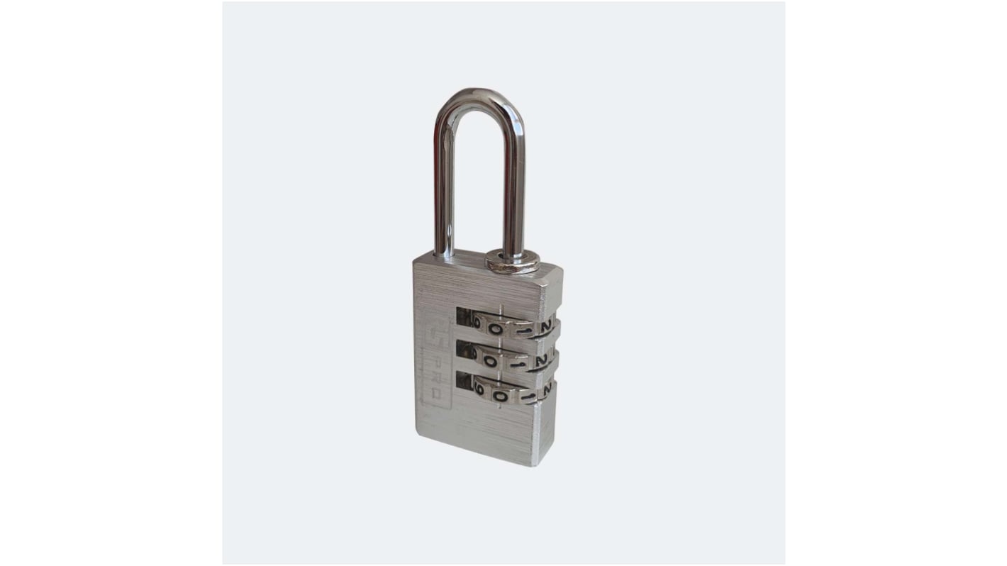 Lucchetto con combinazione RS PRO per uso interno ed esterno, in Alluminio, anello da 3mm, L. 21mm, col Argento
